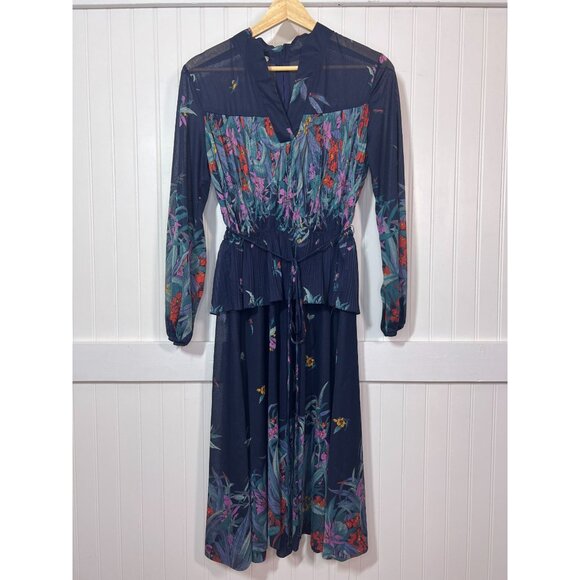 Vintage 70s Floral Pleated Midi Dress Navy Blue Long Sleeve Peplum Tie Waist - Picture 3 of 14